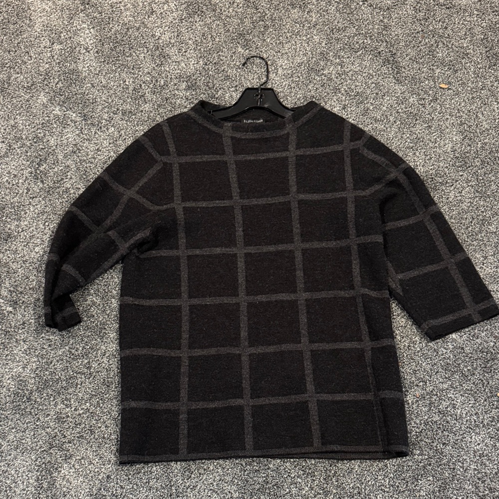 Eileen Fisher Black and Gray Grid Crewneck Sweater